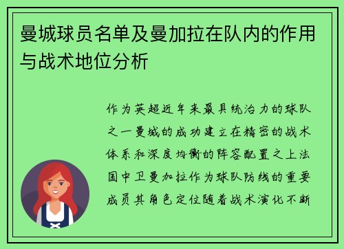 曼城球员名单及曼加拉在队内的作用与战术地位分析